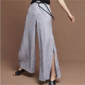 Anthropologie Elevenses Blue Striped 100% Linen Wide Split Leg Pants Lagenlook